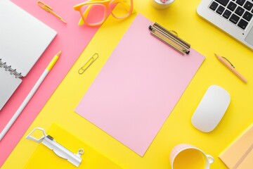 Aufkleber - A modern office desk setup with a laptop, notebook, and other supplies
