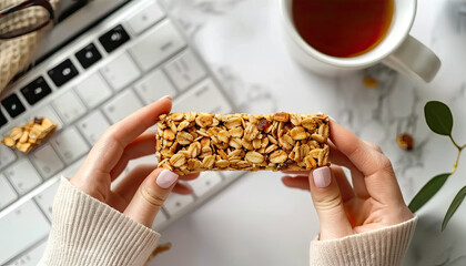 Sticker - Hands holding a granola bar over a laptop keyboard with a cup of tea in the background