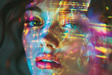 Aufkleber - Close-up portrait of a woman's face lit by colorful lights