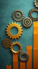 Wall Mural - abstract business growth concept with gears and orange bars on blue background