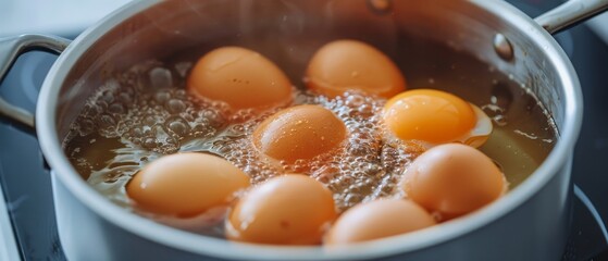 Sticker - close-up of eggs boiling in a pot with water on a stovetop for a delicious breakfast or snack - high-quality .