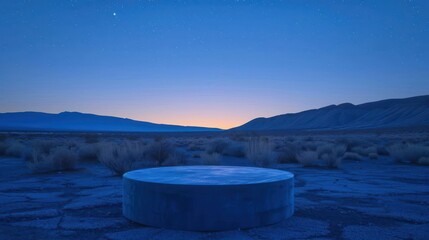 A large, round stone structure sits in the middle of a desert landscape