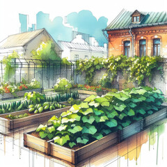 Harvest Time: Watercolor Illustration of Cucumber Plants in an Eco-Friendly Garden