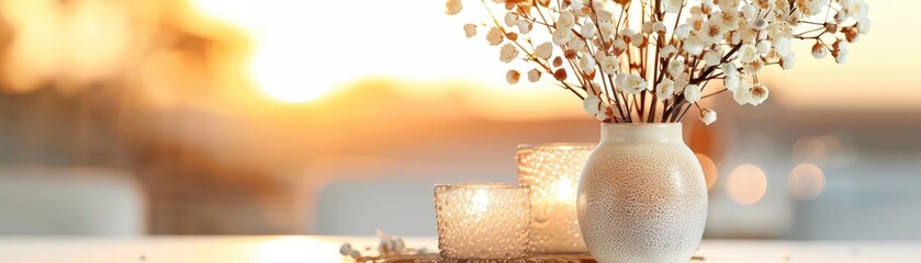 Poster - Vase of white flowers with candles in the background