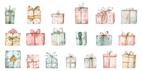 Wall Mural - Set of hand drawn Christmas gift boxes isolated on white background.