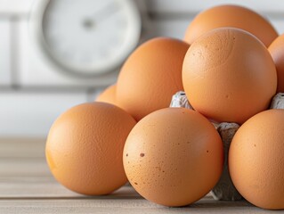 Wall Mural - fresh brown eggs in a carton on a wooden table with a white tile background.