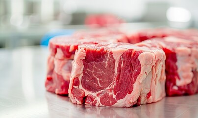 Sticker - fresh raw beef shanks on stainless steel countertop for butcher shop display - close-up macro graphy.