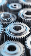 Wall Mural - close-up of interlocking metallic gears, abstract mechanical background for industrial design, engin