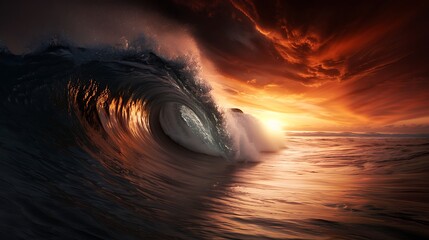 Wall Mural - a photorealistic depiction of a tsunami wave reflecting the setting sun, creating a fiery orange glo