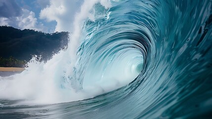 Poster - Close-up of a powerful wave towering over a beach, more clarity with clear light and sharp focus, high detailed