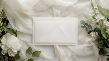 Sticker - A beautiful arrangement of white flowers and greenery surrounds a white card, perfect for weddings, anniversaries or any special occasion