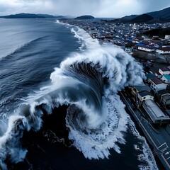 Wall Mural - Close-up of a destructive tsunami wave surging through a town, more clarity with clear light and sharp focus, high detailed