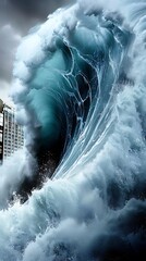 Poster - Close-up of a tidal wave overtaking a high-rise building, more clarity with clear light and sharp focus, high detailed