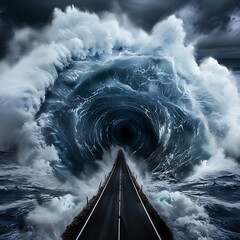 Wall Mural - close-up of a huge wave swallowing a coastal road, more clarity with clear light and sharp focus, hi
