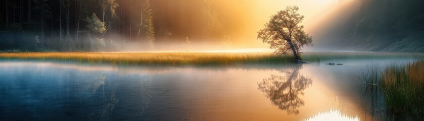 Canvas Print - Serene Lake at Sunrise with Reflections of Tree and Mist in a Tranquil Forest Landscape