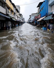 Wall Mural - Semi close-up of floodwaters inundating a marketplace, more clarity with clear light and sharp focus, high detailed
