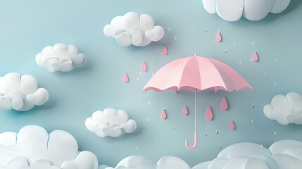 Wall Mural - A cute cartoon umbrella with lightning and raindrops falling from the sky. Pastel colors in the style of a paper cut. Pink tones and dreamy colors create a cute atmosphere