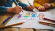 © doraclub - Children creating colorful drawings on paper, showcasing creativity, friendship, and artistic expression in a warm indoor setting.