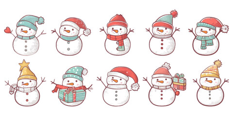 Canvas Print - set of cute hand drawn snowman with different hats and , holding Christmas toys in their hands. The illustrations are in a simple flat clip art style with a white background