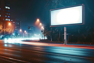 Poster - Empty billboard on a city street at night with neon lights and cityscape background
