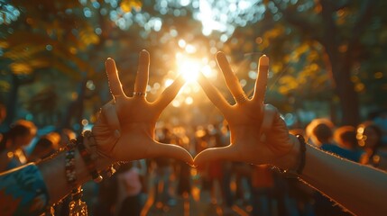 A diverse group of people forming a peace sign with their hands in a serene park setting, more clarity with clear light and sharp focus, high detailed