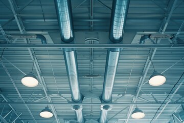 Aufkleber - A bunch of lights hanging from the ceiling of a building, perfect for use in architecture, interior design or event planning visuals