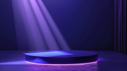 Poster - Abstract dark blue background with round podium and purple light beam.