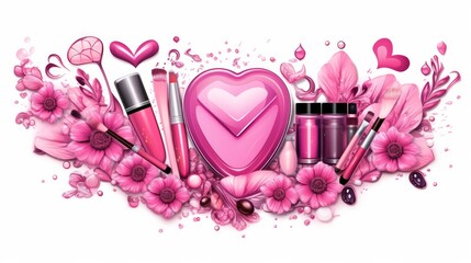 Poster - Set of pink make up brushes and beauty cosmetic products for makeup artist. Neural network ai generated art