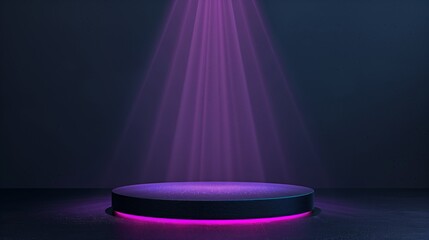 Poster - Abstract dark blue background with round podium and purple light beam.