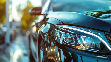 Sticker - A close-up view of a car's headlights on a busy city street