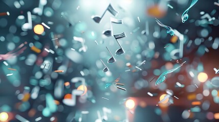 Poster - floating 3d musical notes in a surreal space, 3d background music, imaginative and ethereal.