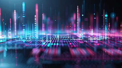 Poster - Futuristic digital music equalizer in 3D, 3D background music, vibrant and high-tech.