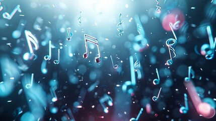 Poster - Holographic 3D music notes floating in a dark space, 3D background music, modern and sleek.