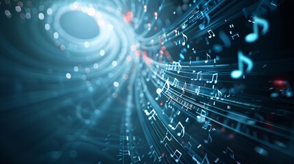 Poster - Abstract 3D spiral of glowing music notes, 3D background music, dynamic and captivating.