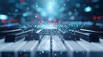 Poster - Floating 3D piano keys in a digital space, 3D background music, sleek and modern.
