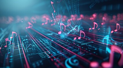 Poster - Neon 3D music notes spiraling in space, 3D background music, vibrant and energetic.