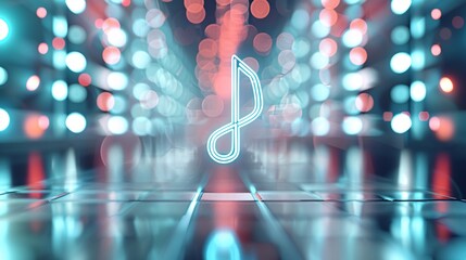 Poster - Floating 3D treble and bass clefs in a neon-lit space, 3D background music, elegant and modern.