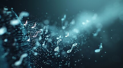 Poster - holographic 3d music notes forming an abstract shape, 3d background music, ethereal and unique.