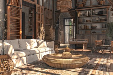 Poster - A cozy living room with comfortable furniture and plenty of natural light pouring in through the large windows