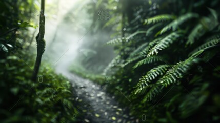 Wall Mural - Foggy Forest Path with Lush Greenery and Dense Vegetation Under Soft Sunlight