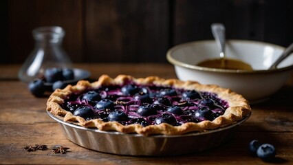 Sticker - Beautiful close-up photo of a freshly baked blueberry pie on a metal plate standing on a wooden table surrounded by ripe berries. Rustic homemade sweet pastry food photography.