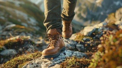 Man hiking up a mountain trail with a close-up of his leather hiking boots. The hiker shown in motion, with one foot lifted off the ground and the other planted on the mountain trail