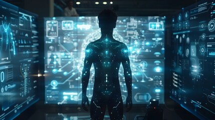 Poster - futuristic medical technology concept with holographic human body diagnostics and innovation