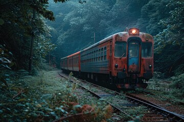 Poster - A train travels through a dense and vibrant green forest, surrounded by trees and foliage