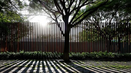 Wall Mural - Sunlit Park with Tree Shadows and Wooden Fence in the Morning Light