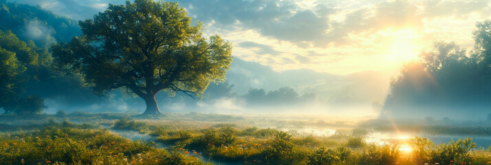 Wall Mural - foggy meadow. enchanting sunrise