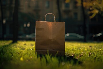 Poster - A brown paper bag sits on top of a lush green field, great for outdoor and nature scenes