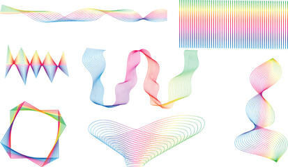 set of multi-colored linear illustrations, multi-colored ribbons, volume illusion