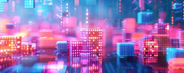 Wall Mural - Vibrant digital cityscape featuring neon lights and geometric structures, representing technology and innovation in a futuristic environment.