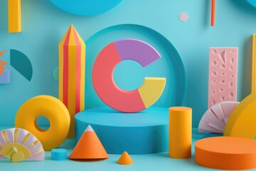 Poster - Colorful geometric shapes on a bright blue background